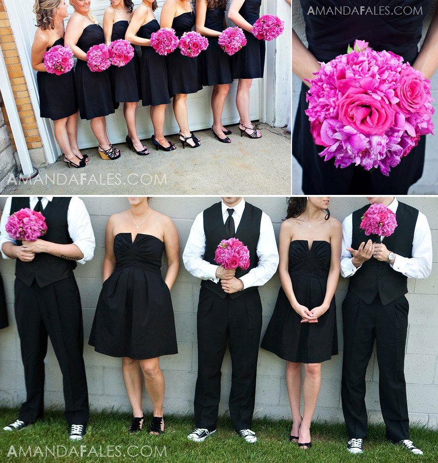 bouquet de mariage fuchia, bouquet demoiselle d'honneur, photo mariage noir et fuchia, robe demoiselle d'honneur noir